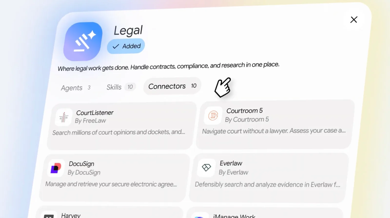 Gemini Enterprise for Legal med agenter, färdigheter och anslutningar. Källa: Google Cloud.