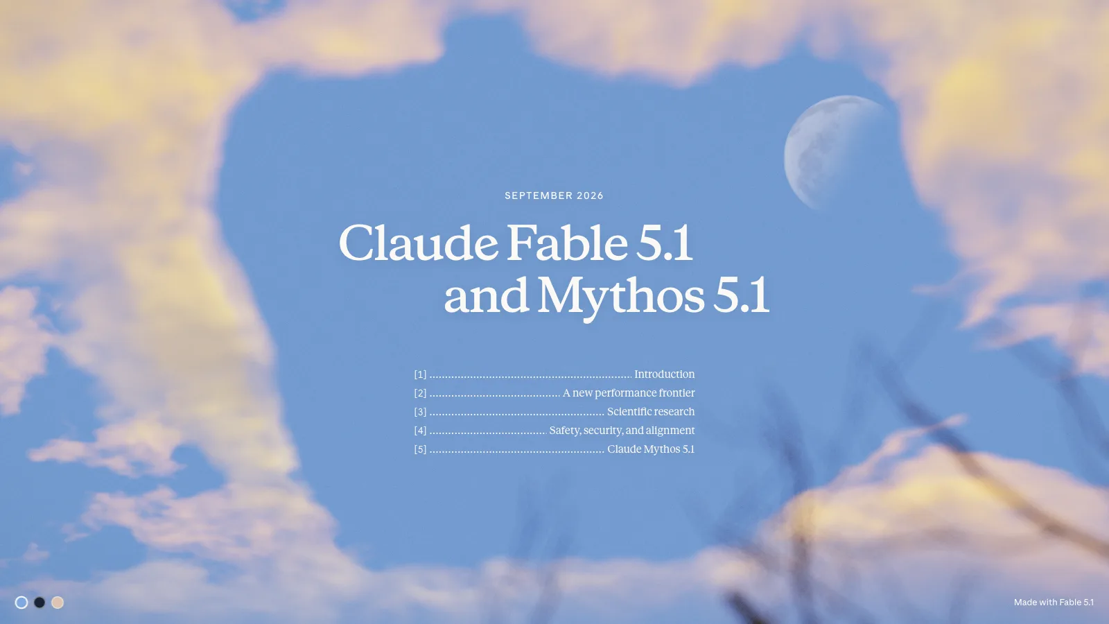 Anthropics lanseringssida presenterar Claude Fable 5.1 och Claude Mythos 5.1 mot en blå himmel och måne. Skärmbild: Debrief. Källa: Anthropic, 1 september 2026. Användningsgrund: egen skärmbild för redaktionell dokumentation av den offentliga primärkällan. Debrief-bearbetning: bred 16:9-vy; källans text, grafik och färger är oförändrade.