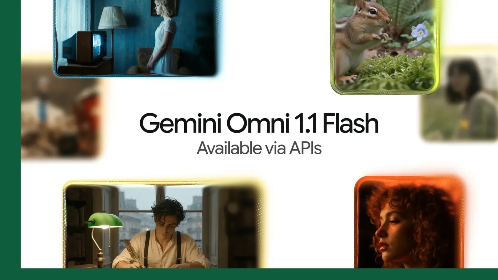 Googles officiella lanseringsgrafik för Gemini Omni 1.1 Flash visar exempelbilder från modellens videodemor. Upphov och källa: Google, officiellt produktmaterial. Debrief-bearbetning: varsam beskärning och montering mot Debrief-grönt; grafikens text och bildrutor är inte ändrade. Bildrutorna visar modellens egna genererade demoresultat och är inte dokumentära fotografier.