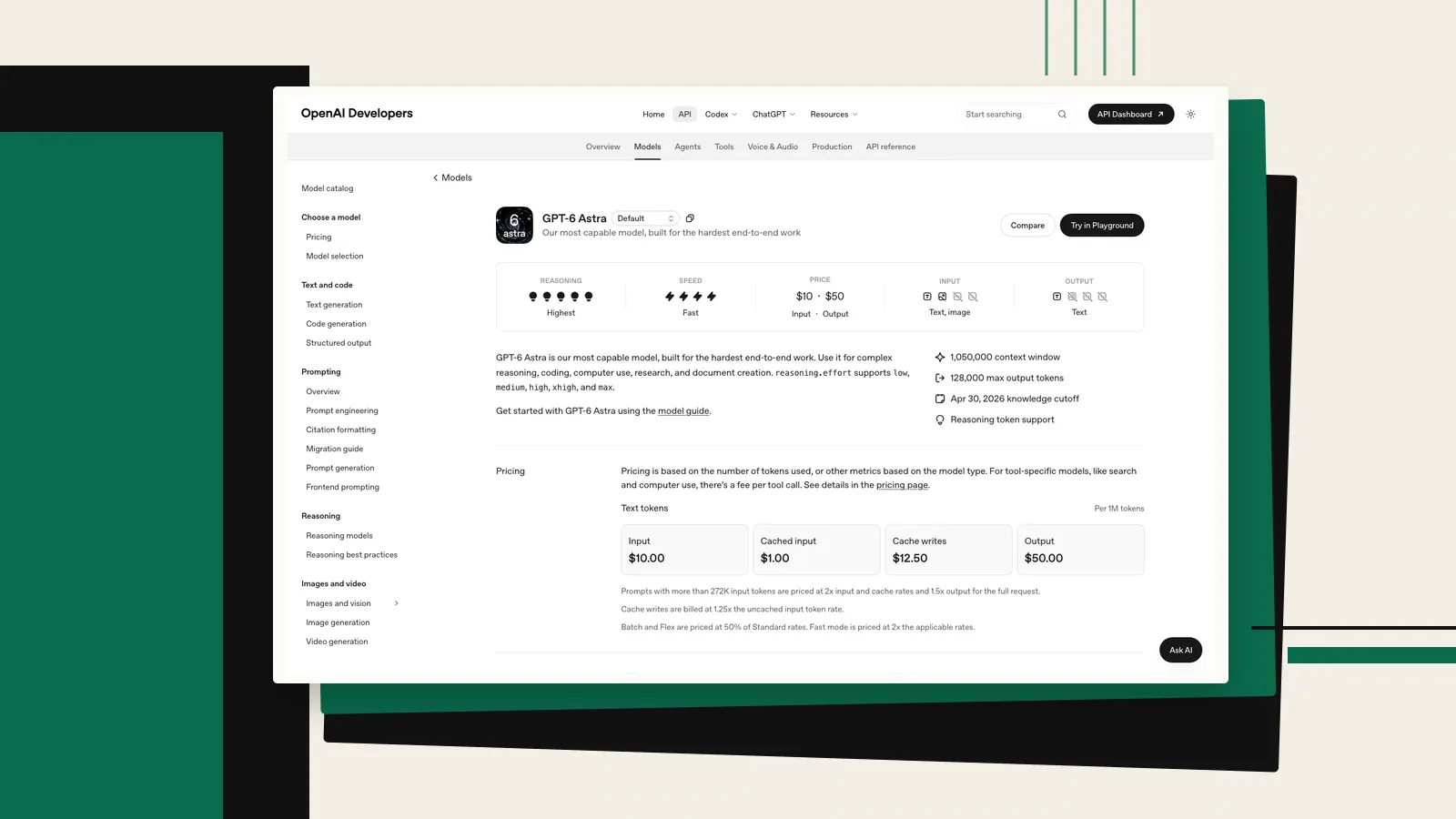 OpenAI Developers officiella modellsida för GPT-6 Astra, monterad som en skiktad redaktionell systemyta. Skärmbild: Debrief. Originalgränssnitt: OpenAI Developers. Källa: OpenAI Developers. Debrief-bearbetning: den kompletta skärmbilden är pixel-låst och har monterats på gröna och svarta skikt mot varm off-white bakgrund; gränssnitt, text, logotyp och data är inte ändrade.