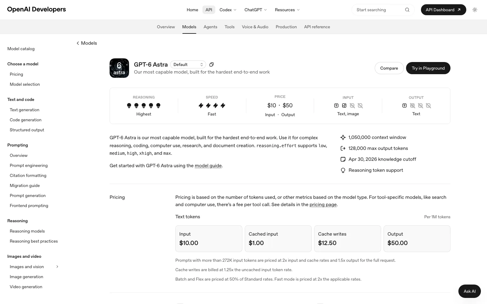 OpenAI Developers modellsida för GPT-6 Astra med modellnamn, pris, kontextfönster och stödda indata.