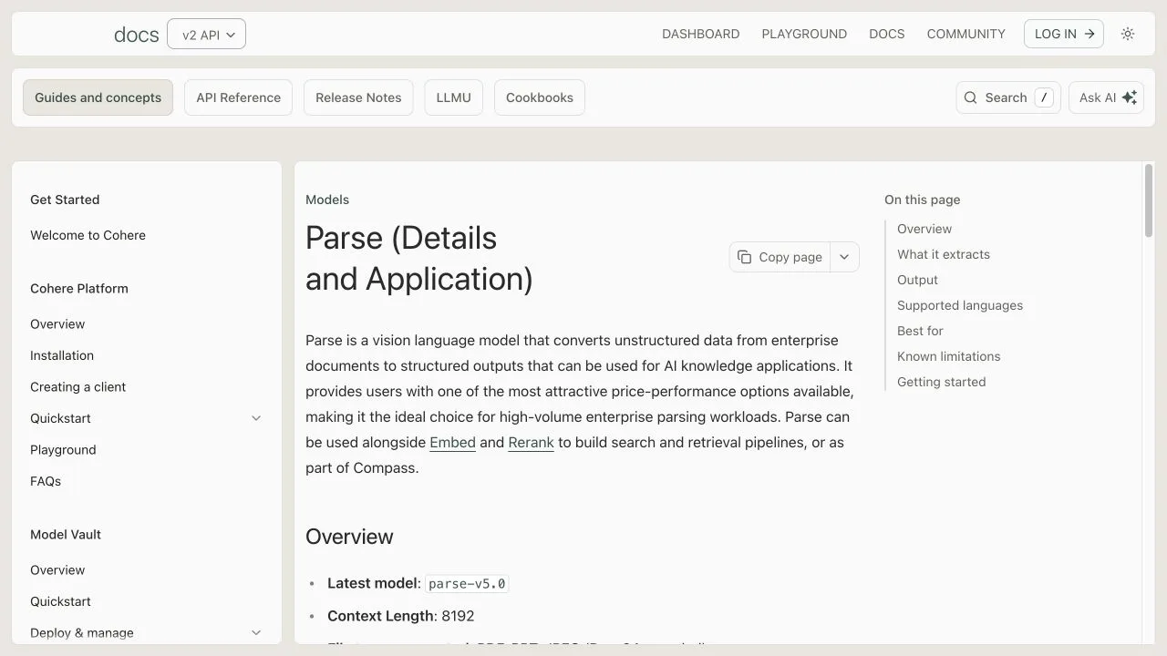 Cohere Parse-dokumentationen med modellöversikt och specifikationer.