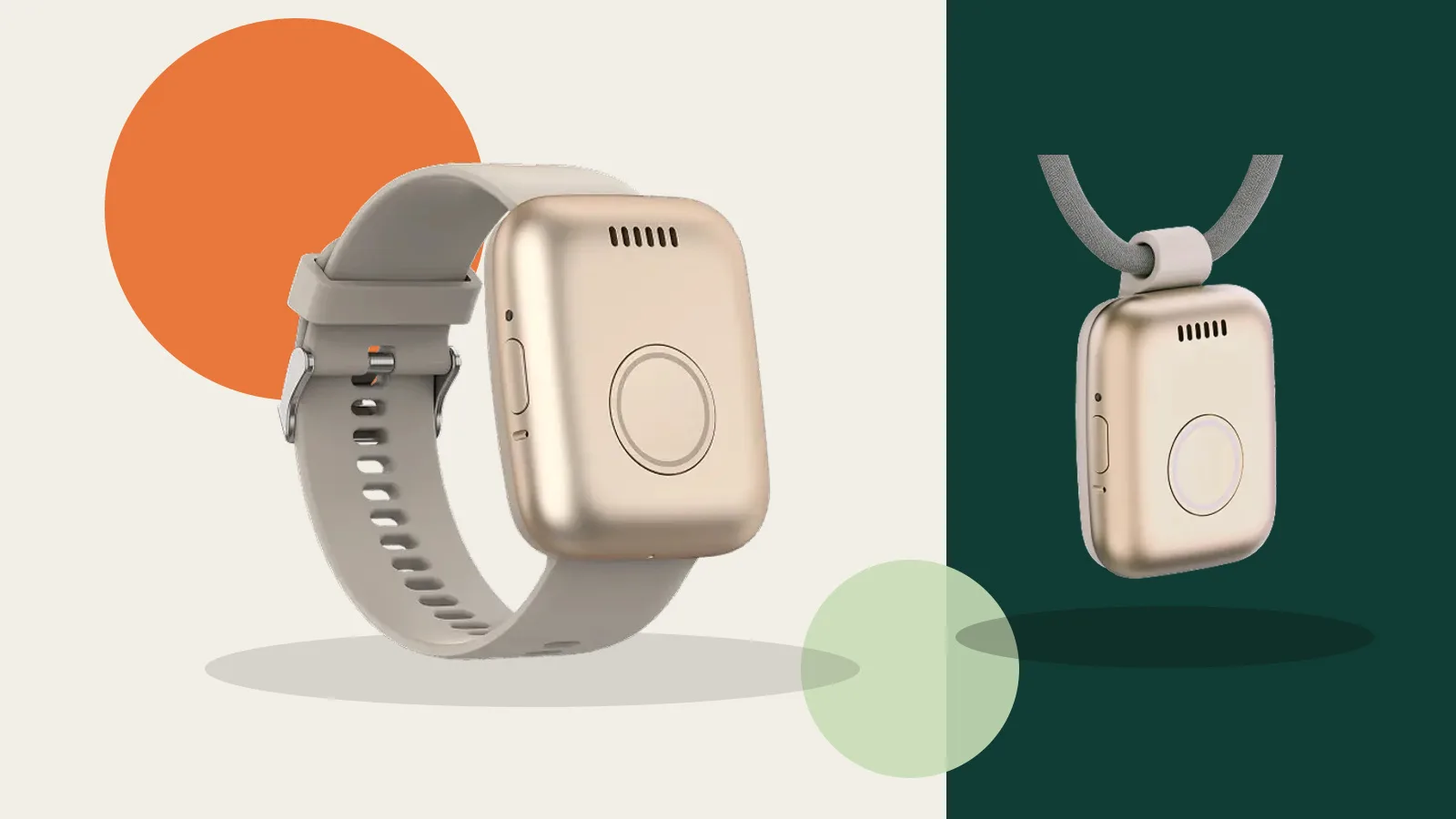 Guardian Flex visas i två av sina tre bärlägen: handled och halsband. Bild: Medical Guardian. Källa: Medical Guardians officiella produktbilder på Guardian Flex-produktsidan (https://www.medicalguardian.com/medical-alert-systems/guardian-flex-fall-detection). Officiellt produktmaterial använt för redaktionell bevakning. Debrief-bearbetning: autentiska produktpixlar har monterats oförändrade i en ny 16:9-komposition med färgfält och skuggor; inga funktioner eller proportioner har ändrats.